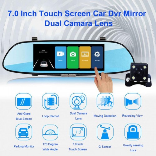 Огледало за кола с вграден видеорегистратор, 7", Full HD, Тъч контрол, Камера задно виждане